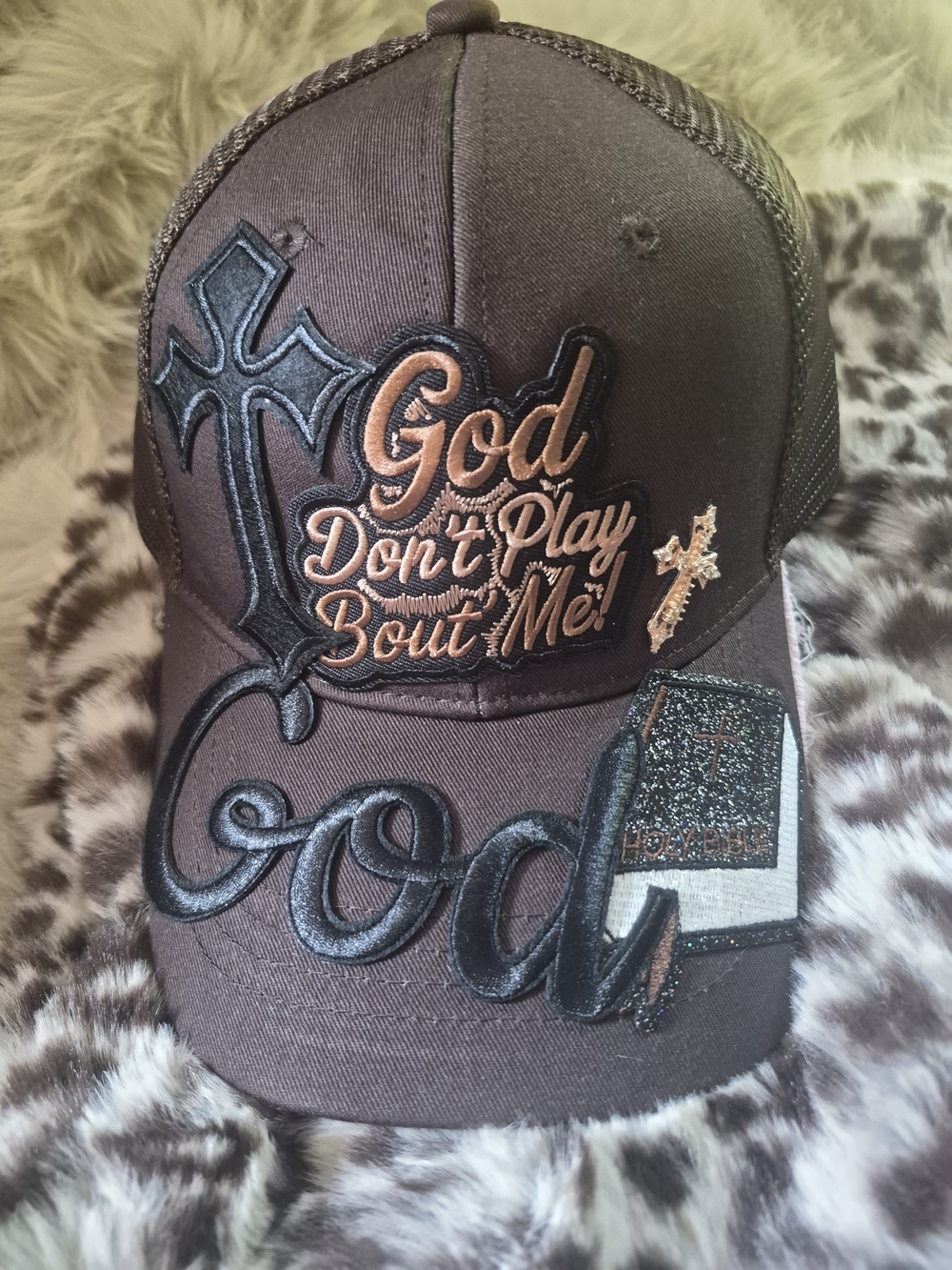 God Don't Play Bout Me Embroidered Trucker Cap - Brown